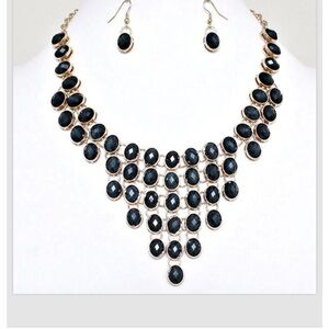 Slate Blue Gold Necklace Earrings Set Bib Statement Women Fashion Jewelry